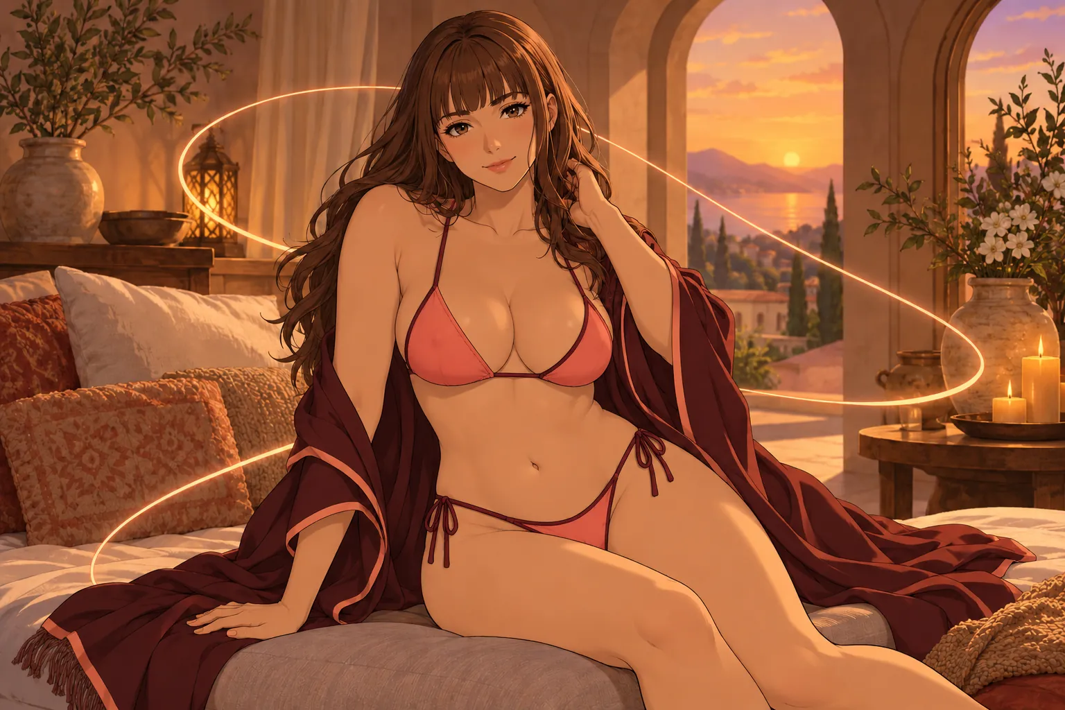 GIF hentai: mujer anime junto a una cinta de luz curva que vuelve a su punto de partida