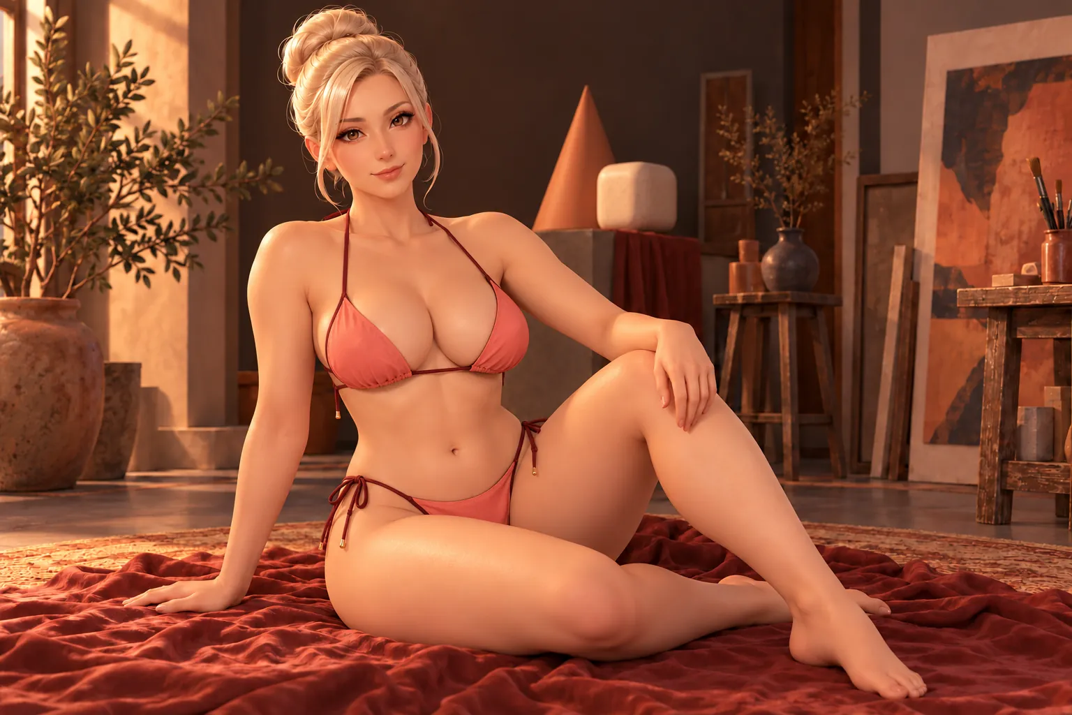Hentai 3D: personaje femenino adulto en 3D estilizado junto a formas esculpidas