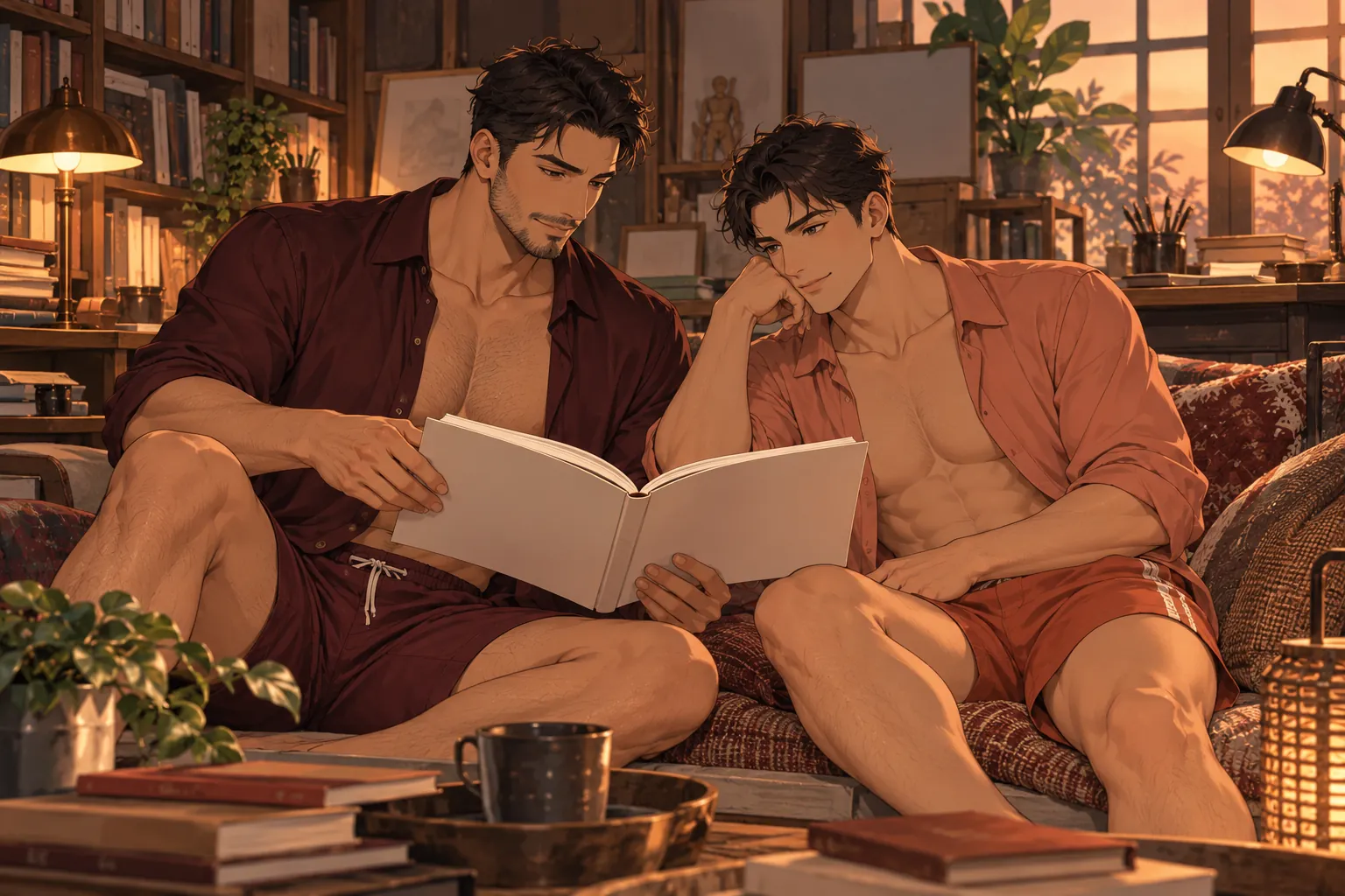 Hentai yaoi: dos hombres adultos miran juntos un libro en blanco en un estudio de manga
